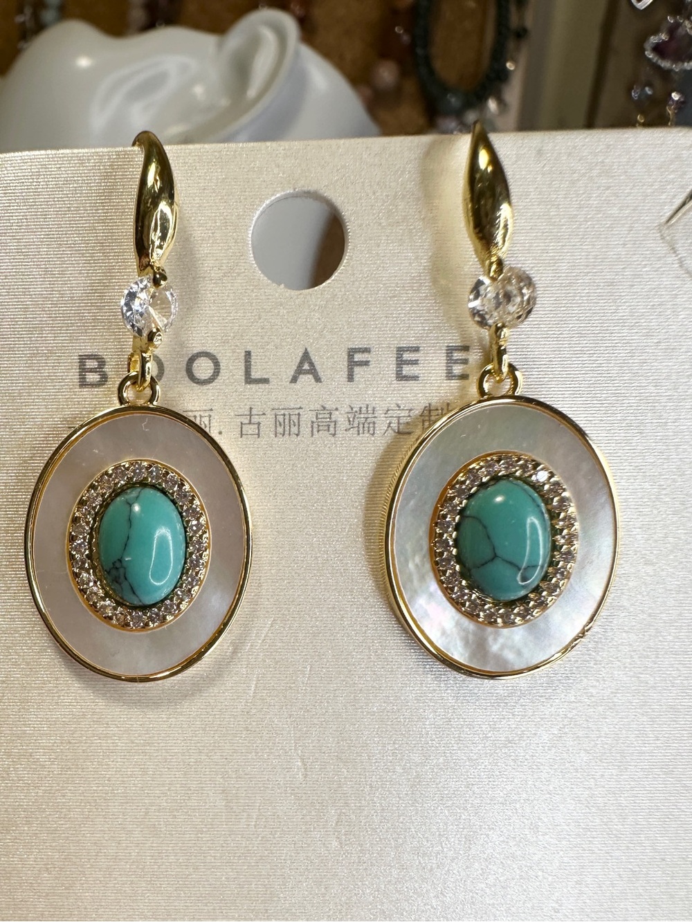 Mother of Pearl Turquoise s925 Hooked Earrings -Oval 20×15.7 mm, length 1.4 inch - Picture 2 of 4